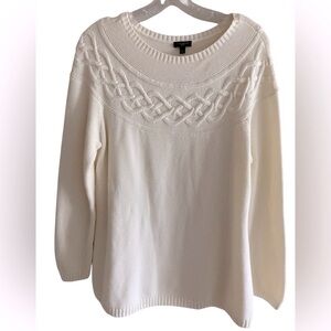 Talbots Cream Cozy Cotton Blend Cable Knit Ivory Crew Neck Sweater‎ Large Petite